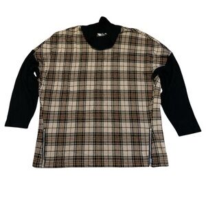 Cleo Petites Plaid Tunic Sweater Mock Neck Black Ribbed Knit Sides L/G